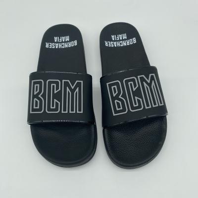 China Cushioning Indoor Home Sandal Logo Print Man Embossed Slide 2021 Custom Outdoor Sport PVC Increase Slippers Engrave Black Slide For Men for sale