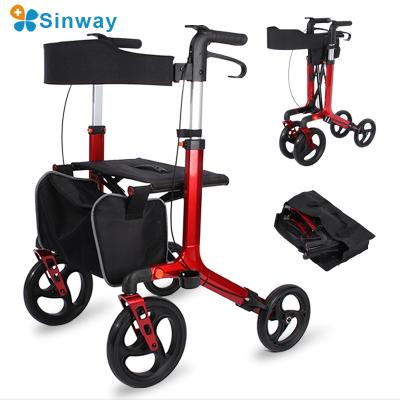 China Lightweight Aluminum Alloy Rollator Four Wheel Foldable Walker and Economy Walker with Seat Basket 10 Inches for sale