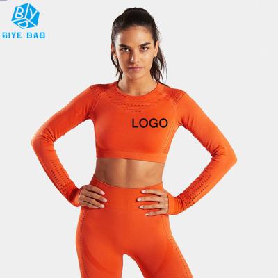 China 2020 Private Label Breathable Yoga Fitness Seamless Yoga Tops Custom Long Sleeves Elastic Women's Seamless Yoga Tops for sale