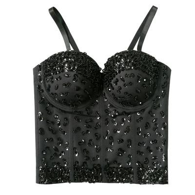 China 2021 new QUICK DRY design vest navel spots heavily beaded shiny sequin strap bra for club for sale