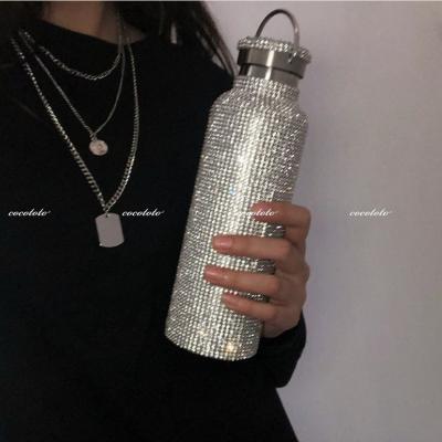 China PORTABLE Rhinestone Insulation Stainless Steel Thermos Bottle Glossy Straight Water Bottle For Party Gift Metal Personalization for sale