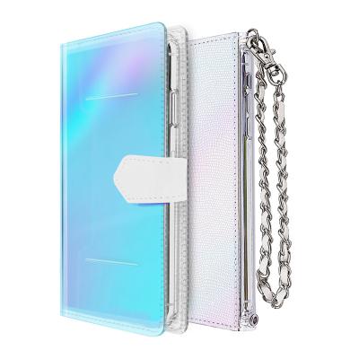 China Luxury Iridescent Holographic Anti-Drop Laser PVC Clear Wallet Phone Case For Oneplus Nord2 N10 N100 5G 9 Pro 9R 8T With Hand Strap for sale