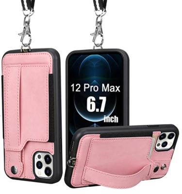 China 2021 Anti-fall Amazon Hot Selling PU Wallet Leather Phone Case For iPhone 13 Pro Max Mini With Neck Strap for sale