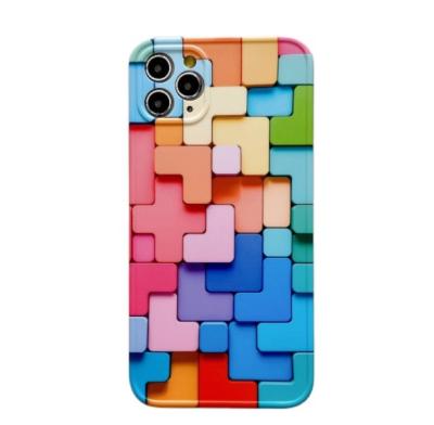 China Tetris Art Graffiti Rainbow Building Anti-fall 3D Ins Block Soft TPU 2 in 1 Cell Phone Cover Case For iPhone 11 12 Pro Max XR X XS Max for sale