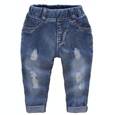 China Color Fade Proof Elastic Waist Infant Cotton Denim Pants Kids Pants Stretchy Solid Ripped Baby Jeans Boys for sale