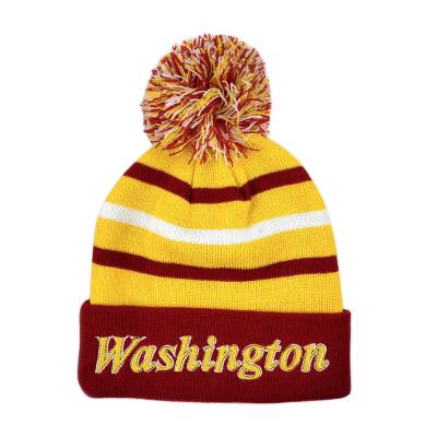 China COMMON Manufacture knitted stripped sports pom pom footy AFL custom knit bobble winter beanie hat logo embroidered for sale