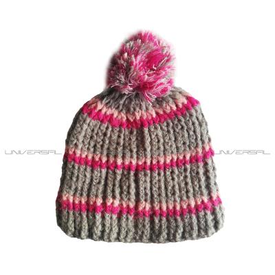 China COMMON mohair knitted beanie hat with stripe line and top mixed color pompom for sale