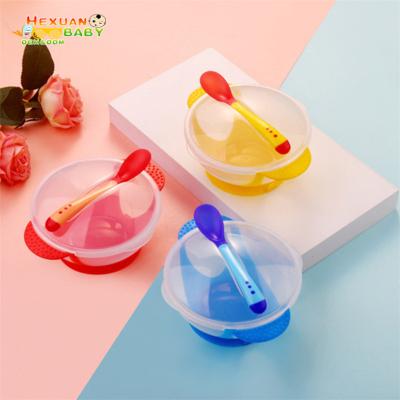 China BPA Free Baby Bowl Slip-Resistant Tableware Set Infants Feeding Bowl With Sucker And Temperature Sensing Spoon Suction Cup Hot Sale for sale