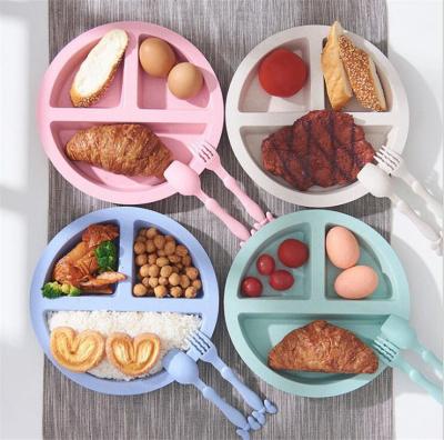 China 3Pcs Sustainable Wheat Fiber Tableware Bowl Spoon Fork Food Tableware Feeding Children Dish Solid Color Wheat Straw Children Plate for sale