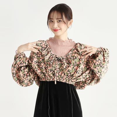 China Anti-pilling Cotton Printedcardigan Floral Ruffle Collar Shirt Woman Tops Women's Blouses Shirts for sale