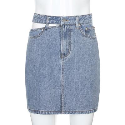 China Breathable Street Style Unilateral Hollow High Waist Washed Bodycon Denim 2021 Autumn Women's Clothing New Skirt for sale