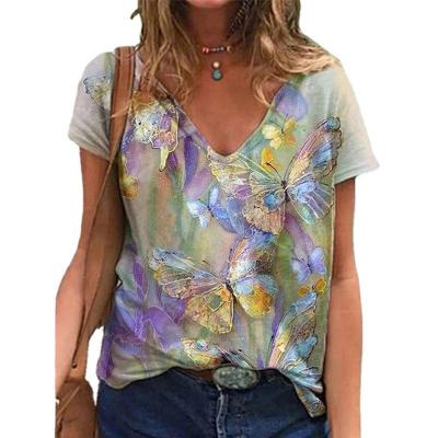 China 2021 Colorful Vibrant QUICK DRY Fashionable V-Neckline Butterflies Tie-Dye Lady Casual Oversized Printed T Shirt Women's Tops Short Sleeve T-shirt for sale