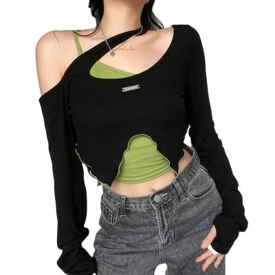 China New 2021 Autumn Main Contrast Two-piece Cropped Color QUICK DRY Stacking Irregular Strapless Long Sleeve T-shirt Women for sale