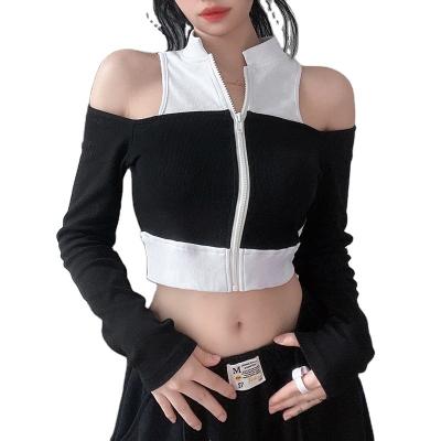 China New Autumn 2021 Contrast Color Zipper Lapel Women's Top QUICK DRY Short Crop Long Sleeve Strapless T-shirt Top for sale