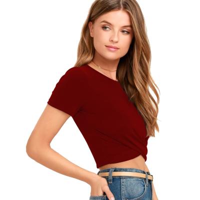 China New Solid Color QUICK DRY Women's Summer Round Neck Sleeve Slim Bodycon Cropped T-Shirt Navel Tie Super Short T-shirt Top Ladies for sale