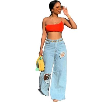 China Breathable Factory Outlet Popular Colors 2 Hole Wide Leg Pants Women Jeans for sale