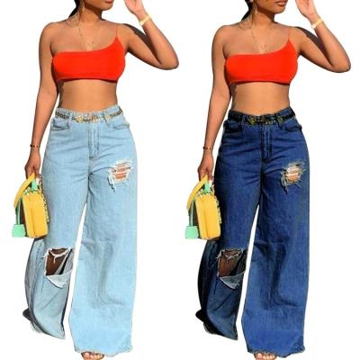 China Factory Direct Fashion 2 Color Breathable Ripped Wide Leg Pants Women Jeans for sale