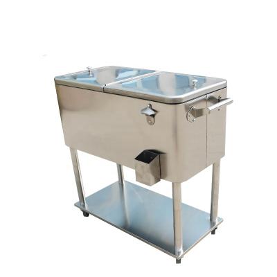 China 80 Quart Stainless Steel Patio Cooler Sustainable Rolling Ice Chest With Shelf Party Drink Cooler Cart for sale