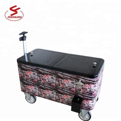 China OEM Rectangular Cooler Cart High Quality Funny Full Color Metal Wrap Patio Rolling Cooler Ice Cooler Scooter for sale