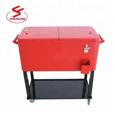 China Sustainable Metal Rolling Patio Mobile Ice Wine Chest Trolley Large Cooler Box 73L for sale