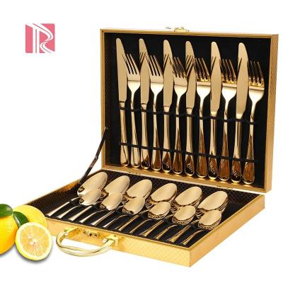 China RONGYE Sustainable Hot Sale 24 Pieces Stainless Steel Luxury Cutlery Set Eco-Friendly Reusable Gift Spoon Fork With Box Gold Cutlery Set for sale