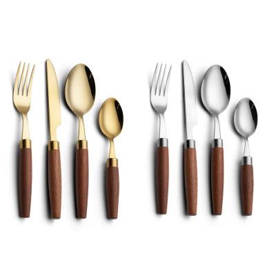 China 2022 New Style Wooden Handle Stainless Steel Cutlery Set Child Spoon Dinnerware Set Viable Wholesale Flatware Set for sale