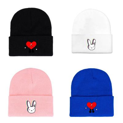 China Popular Wholesale Fashion Custom Beanie Crochet Knit Hat Bad Bunny Hat Winter Autumn Warm Logo Bad Bunny Knitted Hat Beanies Red Heart for sale