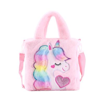 China Plush Cartoon embroidered plush shoulder bag cute girl child tote Unicorn girl crossbody bag in stock  wholesale stuffed unicorn bag for sale