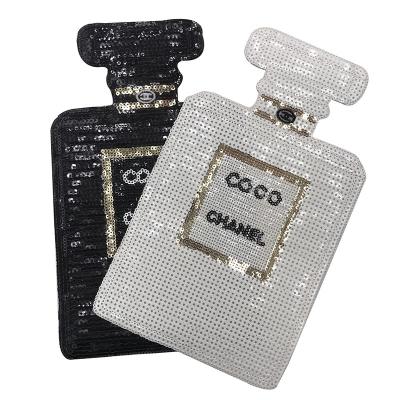 China Cheap price fashion embriodery patch for clothes black and white sequin 2C perfume bottle large patch patch, clothing decoration accessories, Coco perfume bottle fabric patch for sale