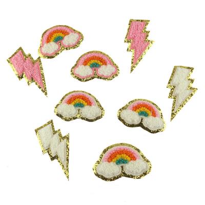 China Cheap price fashion embriodery patch for clothes towel embroidery lightning rainbow embroidery fabric with gold glitter double layer DIY embroidery patch for sale