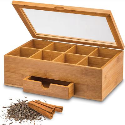 China Small Bamboo Tea/Coffee Ware Box Organizer Wooden Tea Chest With Drawer Slide-out And OEM Acrylic Window Tea Chest for sale