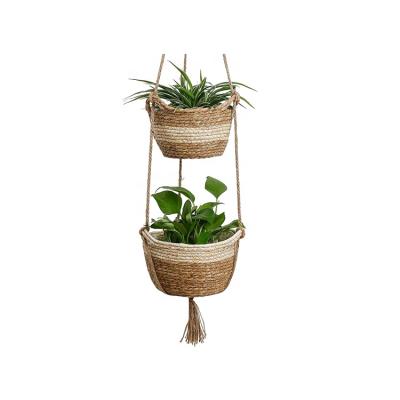 China Hot Sale Eco-Friendly Plant Straw Wholesale Planter Hanger Pot Rack Plant Shelf 2 Tier Hanging Basket for sale