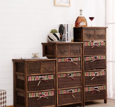 China Minimalist Rustic Drawer Woven Rattan Basket Storage Side Cabinet for sale