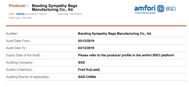 BSCI - Baoding Sympathy Bags Manufacturing Co., Ltd.