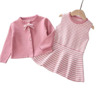 China ENGLAND STYLE Kids Clothes Sets Winter Warm Outfits Girls O-Neck Sweaters Coat + Sleeveless Dress Suits Kids Sweater Clothing for sale