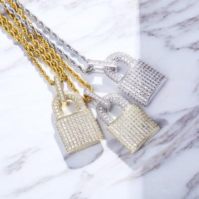 China Hiphop Hip Hop Lock Men's Full Zircon Ice Crystal Pendant Necklace Personality Pendant Necklace for sale