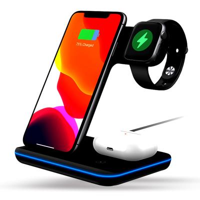 China Anti-skid and fast charger for smartphone 2021 3 in 1 desktop foldable fast wireless charger 15W with breathing led ring light for sale