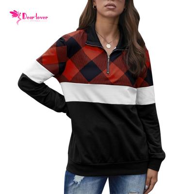 China wholesale Anti-wrinkle quarter zipper pullover for women color block plaid splice sweatshirts for sale