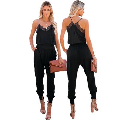 China Anti-static Casual Loose Sleeveless Women's Black Lace Patchwork Spaghetti Straps Slim Fit Overalls for sale