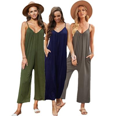 China 2021 Summer Autumn New Commuter Temperament Women's Viable Romper Spaghetti Tie Wide Leg Pocketed Jumpsuit for sale