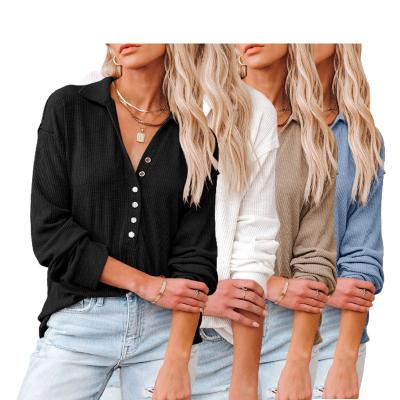 China 2021 Wholesale Solid Color Sweater Women T-shirt Button Front Turn-Down Neck Knit Long Sleeve Breathable Casual Fit Tops for sale