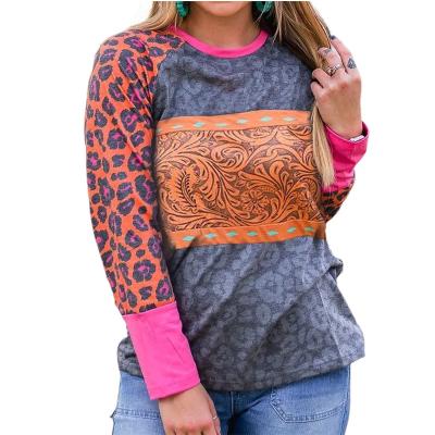 China 2021 Onsale Hot Viable Color Contrast Color Western Tribal Print ClothingFemale Patchwork Fashion Long Sleeve Women Tops And Blouse Ladies for sale