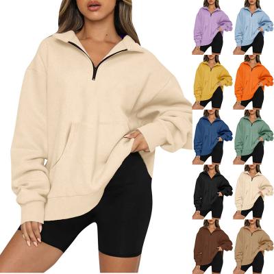 China 2023 European&American Women's Solid Color Anti-wrinkle New Main Pullover Autumn&Winter Pocket Zipper Long Half Sleeve Sweatshirt For Female for sale