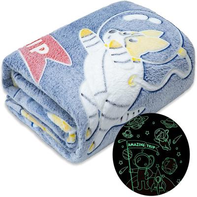 China Customize Cartoon Design Plus Size Glow In The Dark Soft Plush Star Spaceship Flannel Blankets for sale