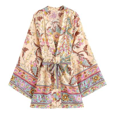 China Vintage Peacock Floral Print Breathable Bohemian Sashes Boho Women's Kimono Bohemian Women Sheath Short Long Dress for sale