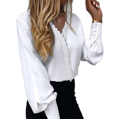 China Hot New Fashion QUICK DRY Women Tops And Blouse Lace Elegant Floral Print Casual Shirts Sheath Long V Neck Work Wear Blusas Clothing for sale