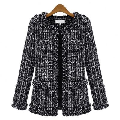 China Breathable Women's Black White Plaid Tweed Plus Size Lattice Jacket Slim Check Tweed Tartan Fits Coat Blazer Cardigan Splicing Tops for sale