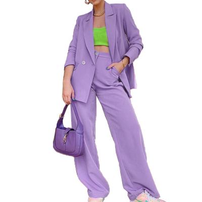 China Breathable Spring Woman Panty Sets Long Sleeve Blazer Sets Tracksuits Fashion Solid Notched Single Button Purple And Black Two Piece Suits for sale