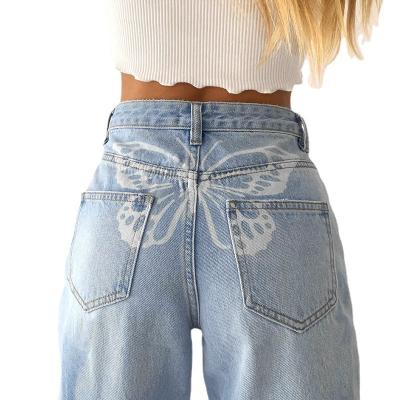 China Breathable butterfly print fashion jeans women street wear casual loose straight denim top plus size womens jeans for sale