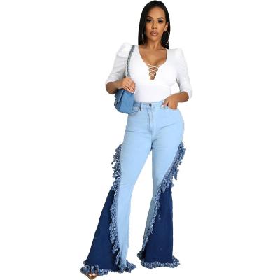 China Breathable Fashion Patchwork Rocket Jeans Women Plus Wide Leg Bell Bottom Jeans Street Wear Mom Loose High Waist Jeans for sale